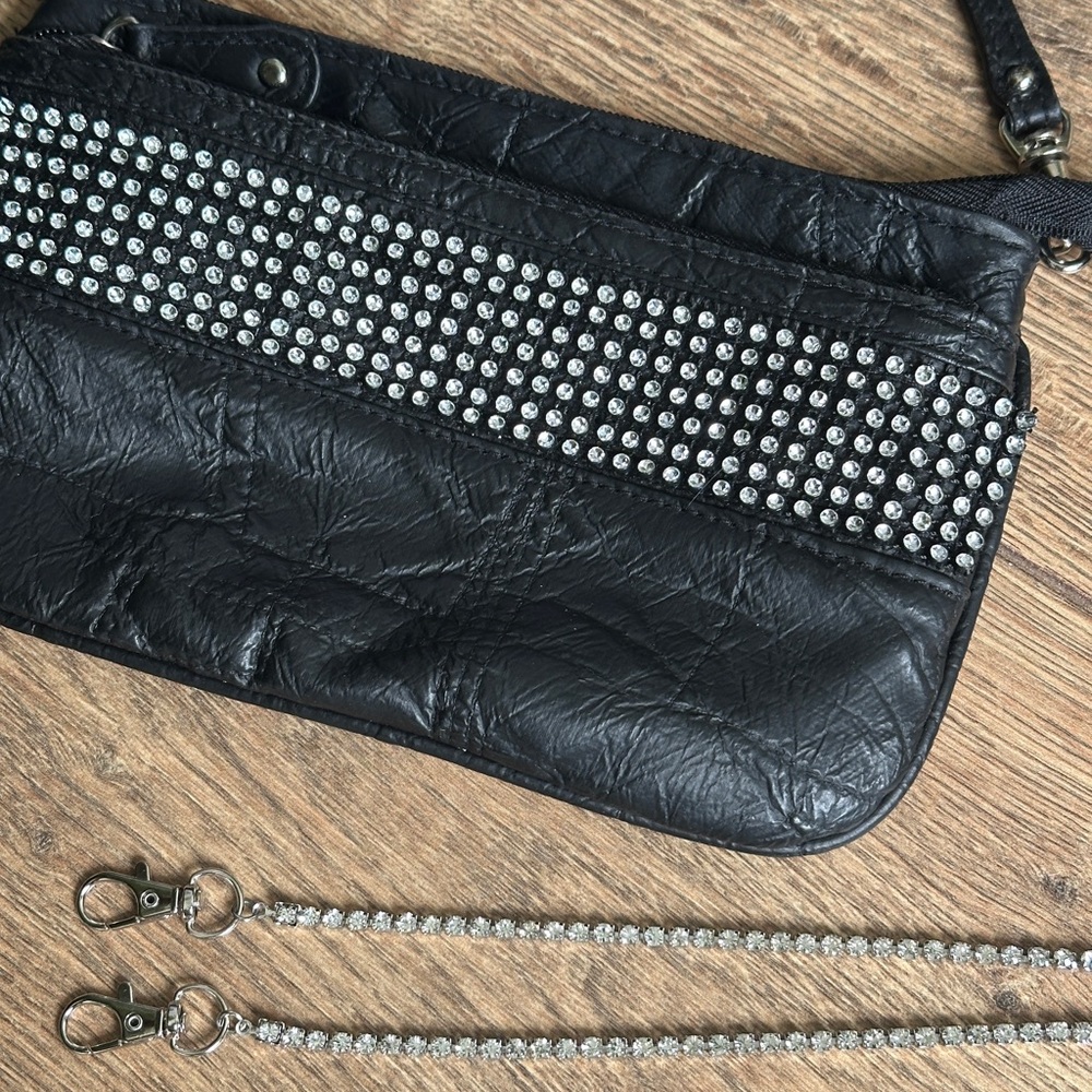 Black Leather Rhinestone Embellished Wristlet Clutch - Formal Clutch - Picture 3 of 6
